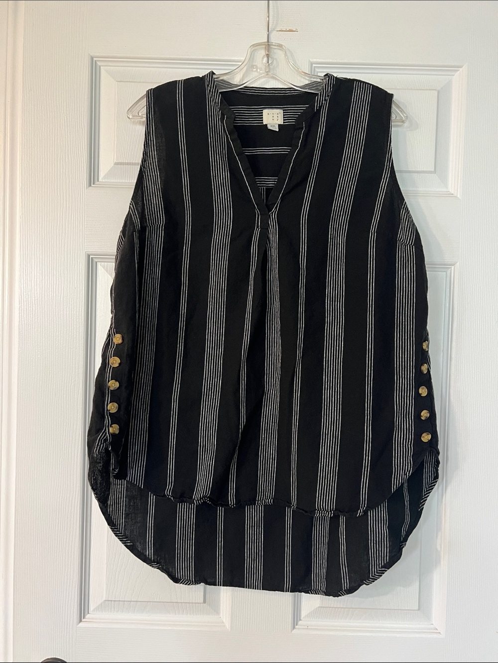 a new day Black and White Striped Sleeveless V-Neck Top with Gold Buttons